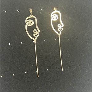 Gold Tone “Picasso Style” Face Line Art Silhouette Post Earrings W/wire drop